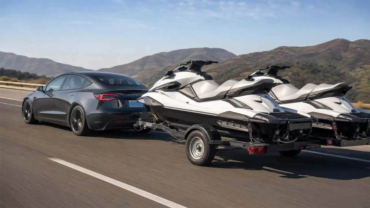 Tesla Model 3 remolcando dos motos de agua
