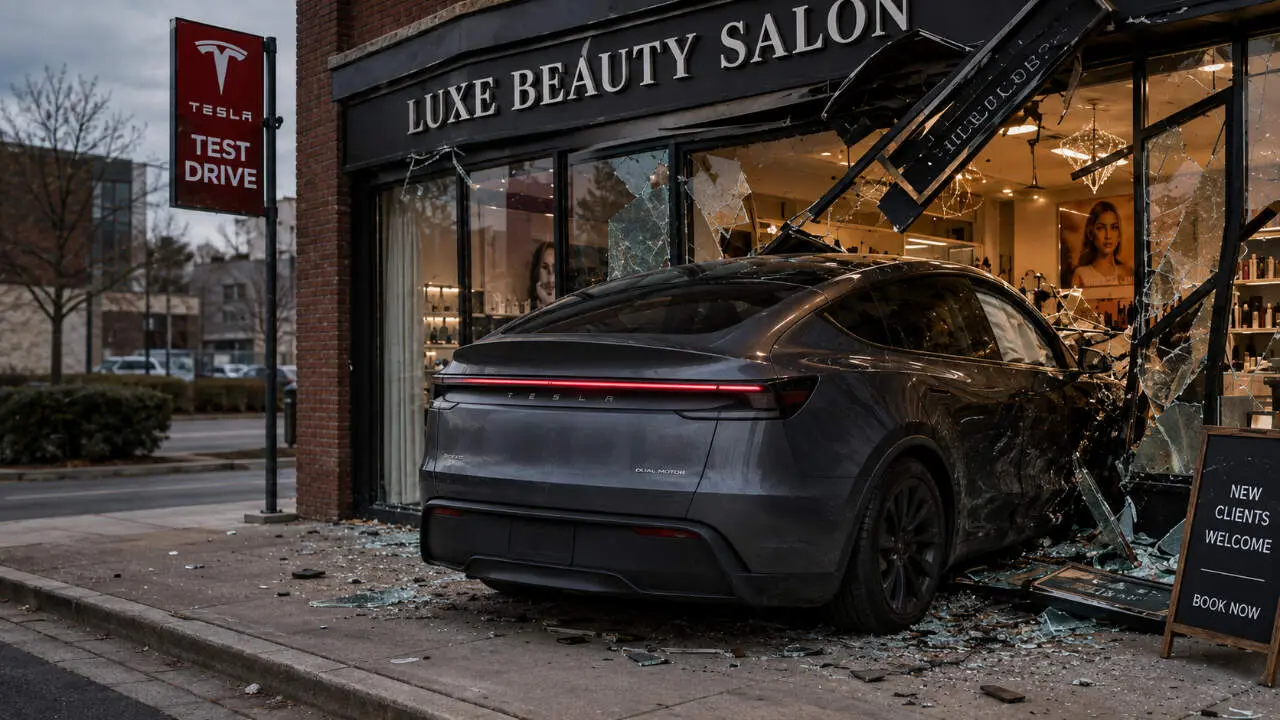 Una prueba del Tesla Model Y acaba en un accidente en un sal&oacute;n de belleza
