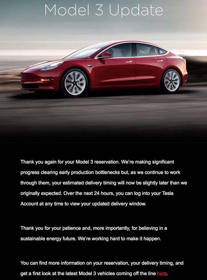 Mail de Tesla indicando la actualización de entrega del Tesla Model 3