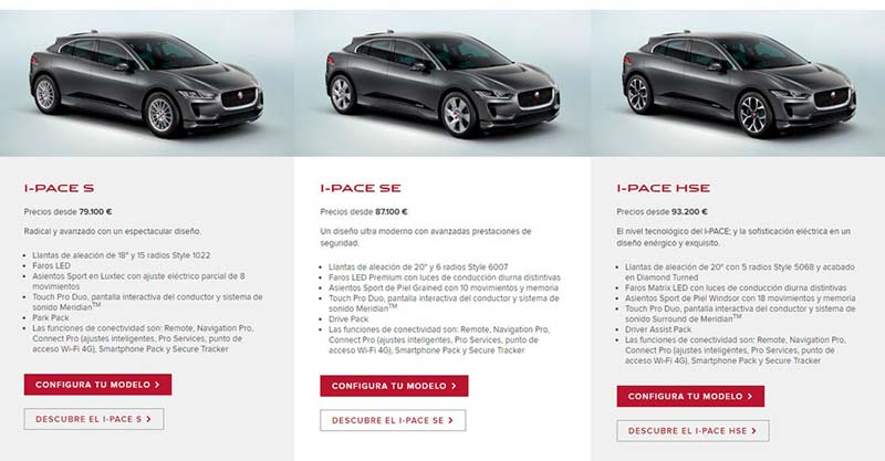 Opciones y versiones del Jaguar I-PACE en el configurador de la web de Jaguar