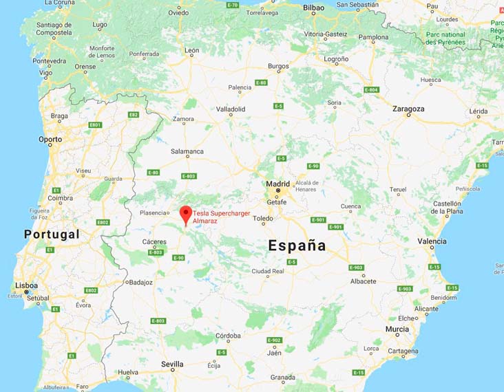 Mapa donde está situado el Supercharger de Almaraz en Cáceres (España)