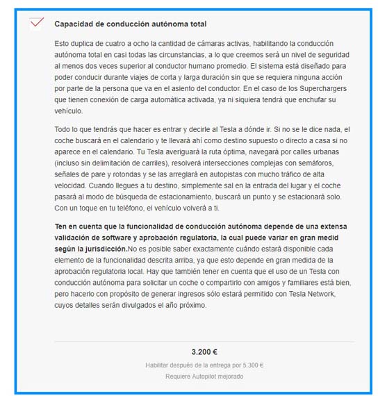 Imagen con la descripción de la opción de capacidad de conducción autónoma total en un Tesla
