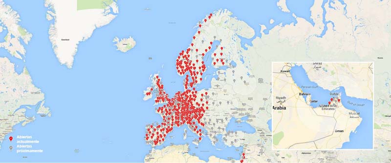 Mapa de Europa con los Superchargers activos y previstos