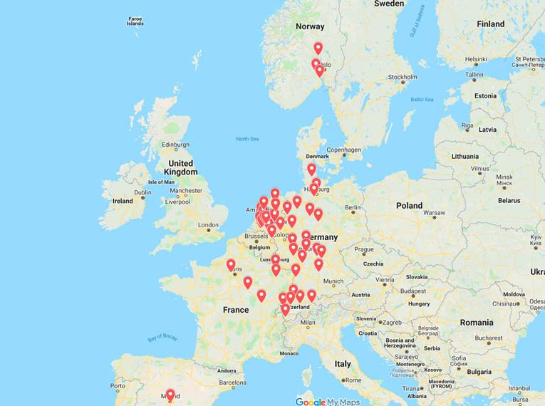 Mapa donde se puede ver los Superchargers en Europa adaptados para el Model 3 y su conexión CCS