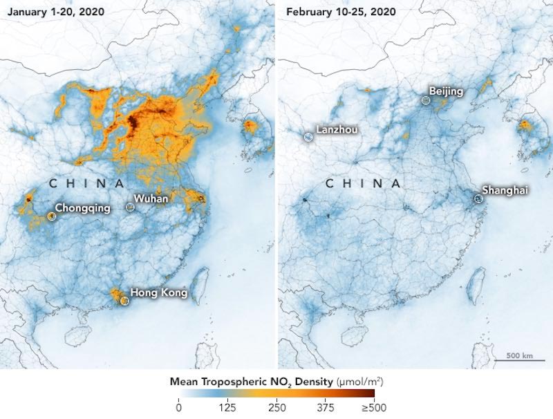 Comparativa de la contaminación en unos pocos días en China por el Coronavirus