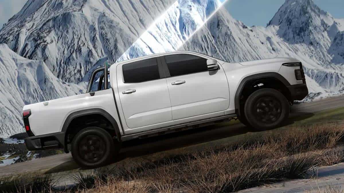 Camión eléctrico de gran rendimiento en paisaje de montañas nevadas, ideal para aventuras sostenibles y ecológicas.