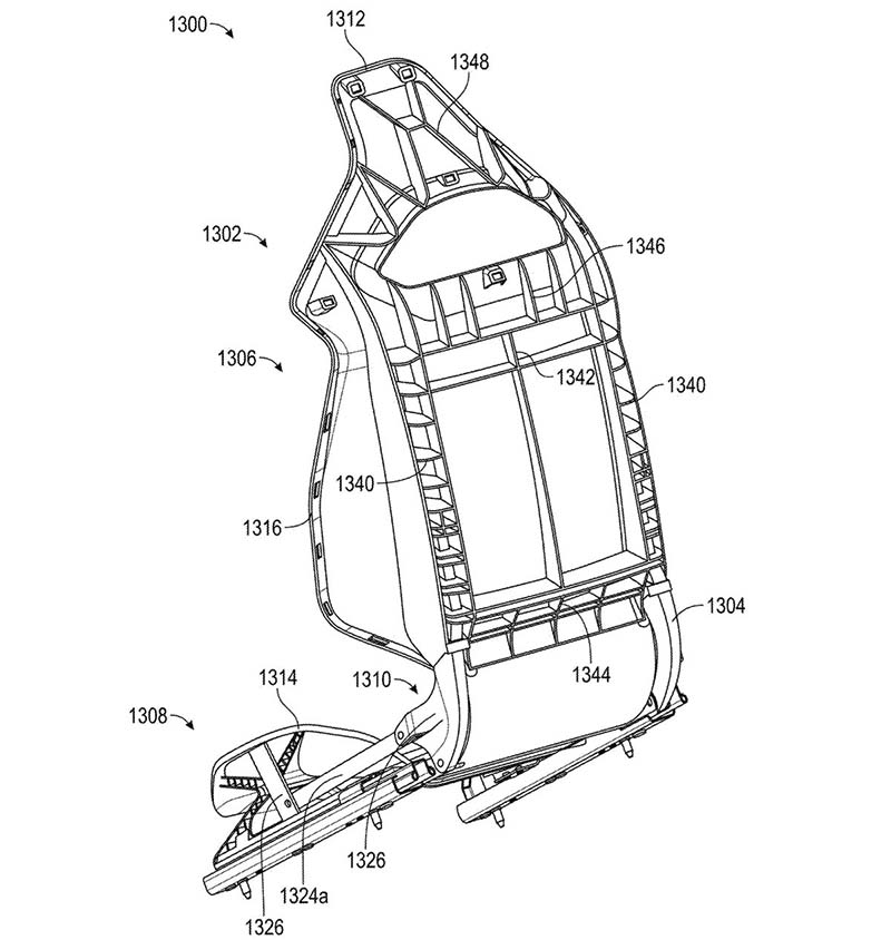 Asientos del Tesla Roadster en patente, mostrando diseño innovador y estructura ergonómica.
