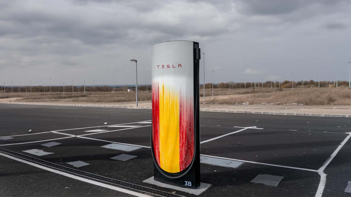 Estación de carga Tesla Supercharger en un parking abierto en España.