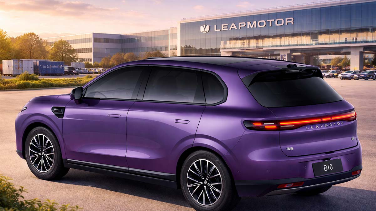 Vehículo eléctrico Leapmotor B10 en color morado, estacionado frente a la sede de Leapmotor.