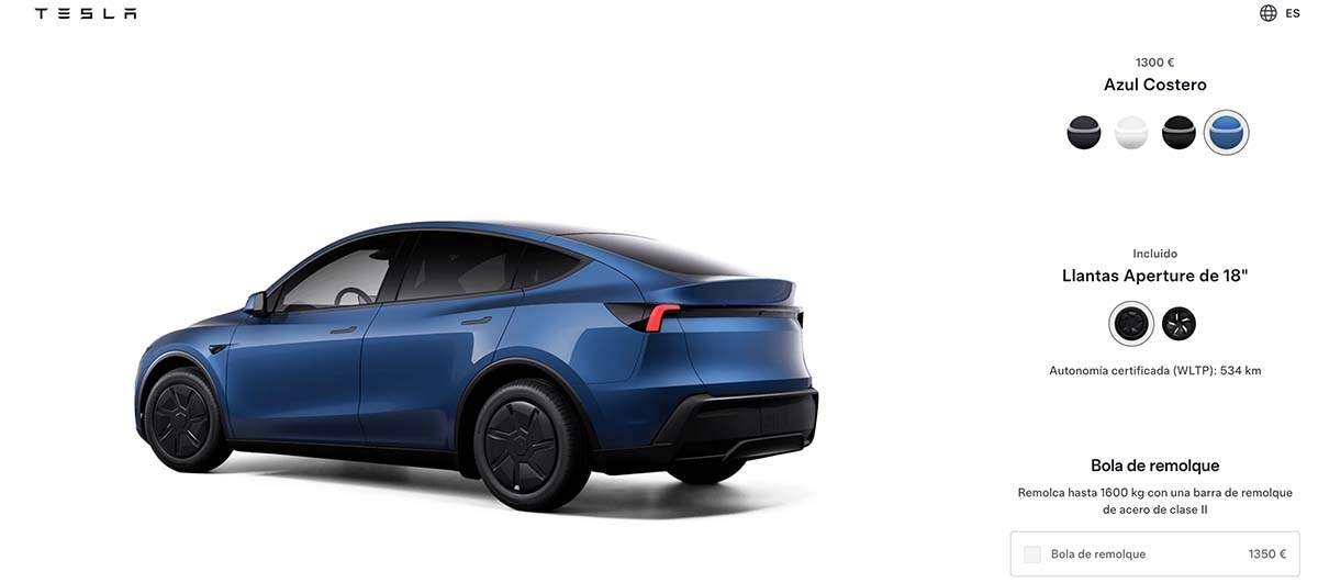 Configurador del Tesla Model Y en España con el nuevo color Coastal Blue