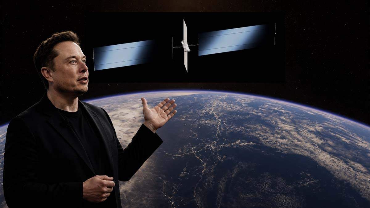 Elon Musk mostrando el nuevo Satélite AI1 de SpaceX