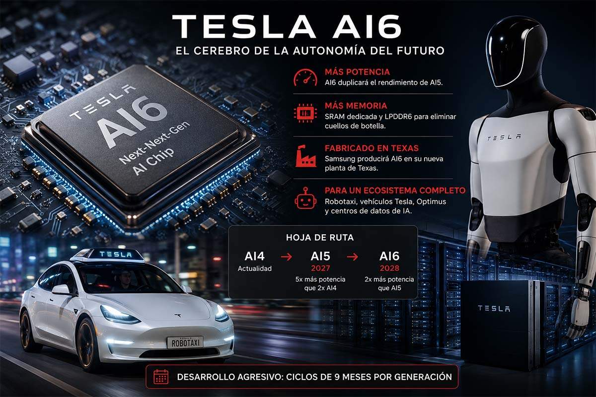 Infografía del desarrollo del chip AI6 de Tesla