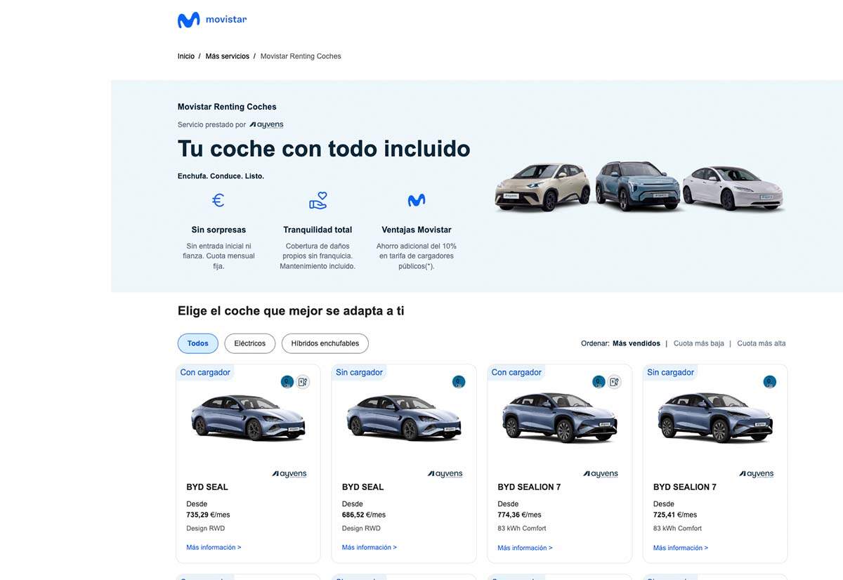 Página de renting de coches de Movistar