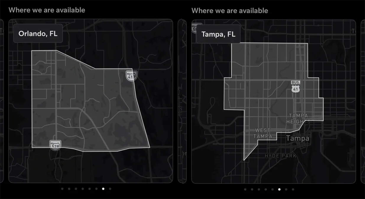 Mapa servicio Robotaxi Tesla en Orlando y Tampa