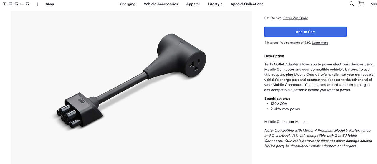 Adaptador para V2L en el Tesla Model Y por un precio de 80$