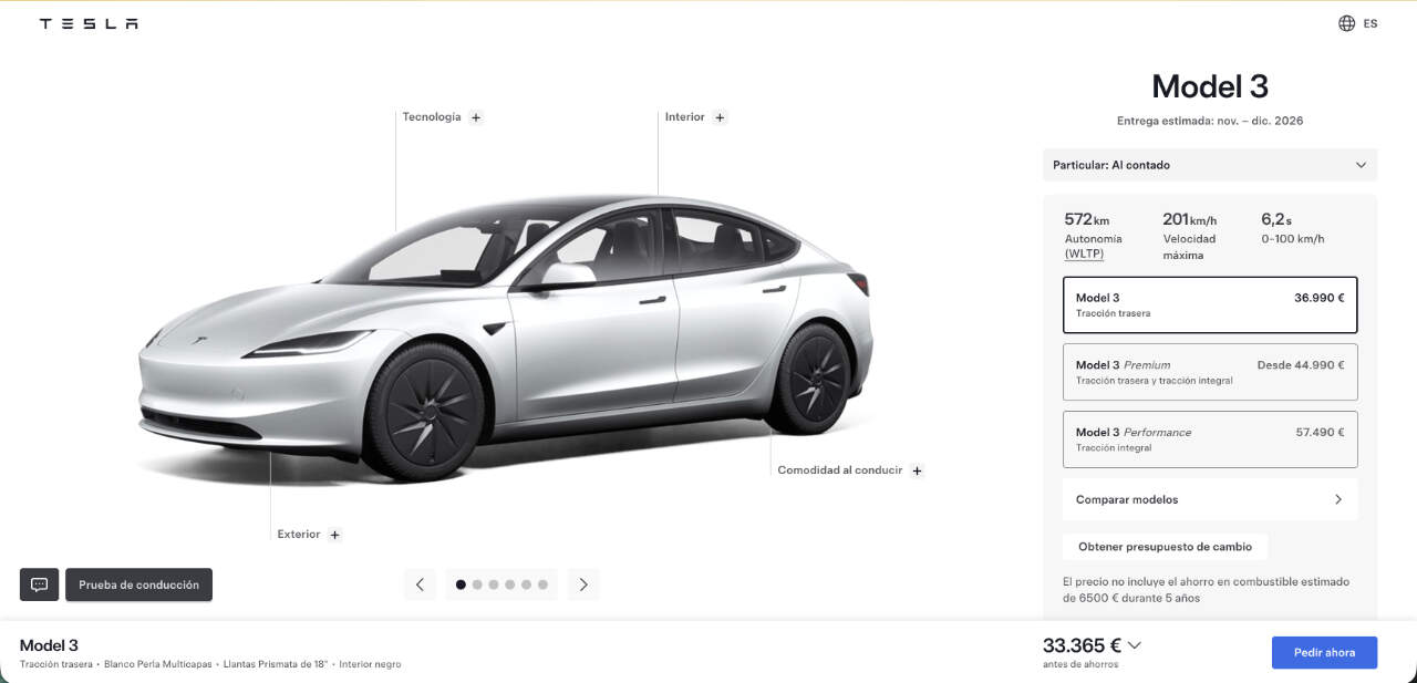 Precio del Tesla Model 3 Standard con 572 km de autonomía